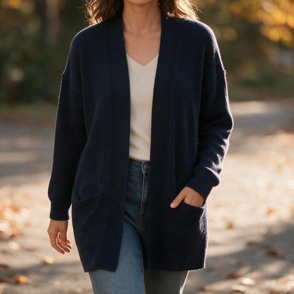 Loft Cardigan Sweater Women Medium Navy Blue Knit Open Front Patch Pocket Winter